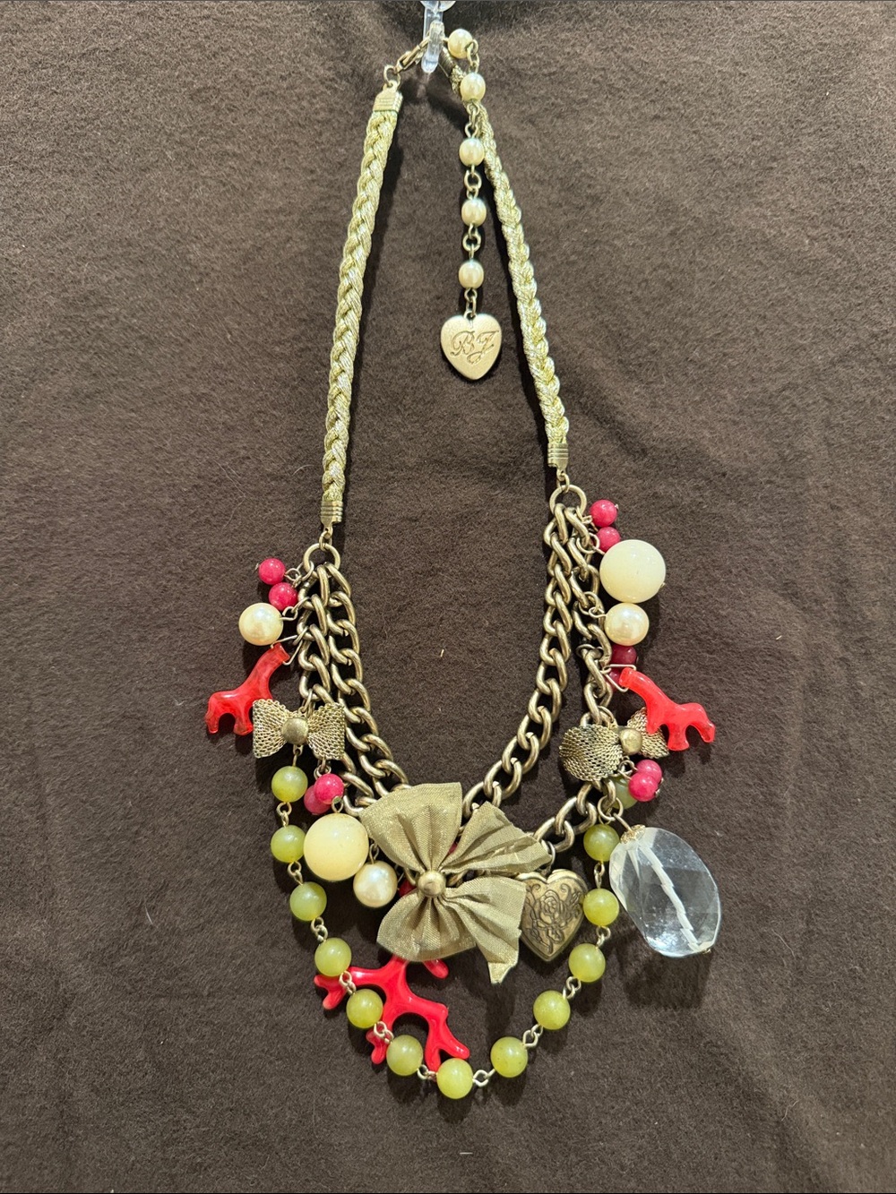 VTG Betsey Johnson Gold-Tone Charm Necklace Pink Coral, Pearl, Green Beads, Bows